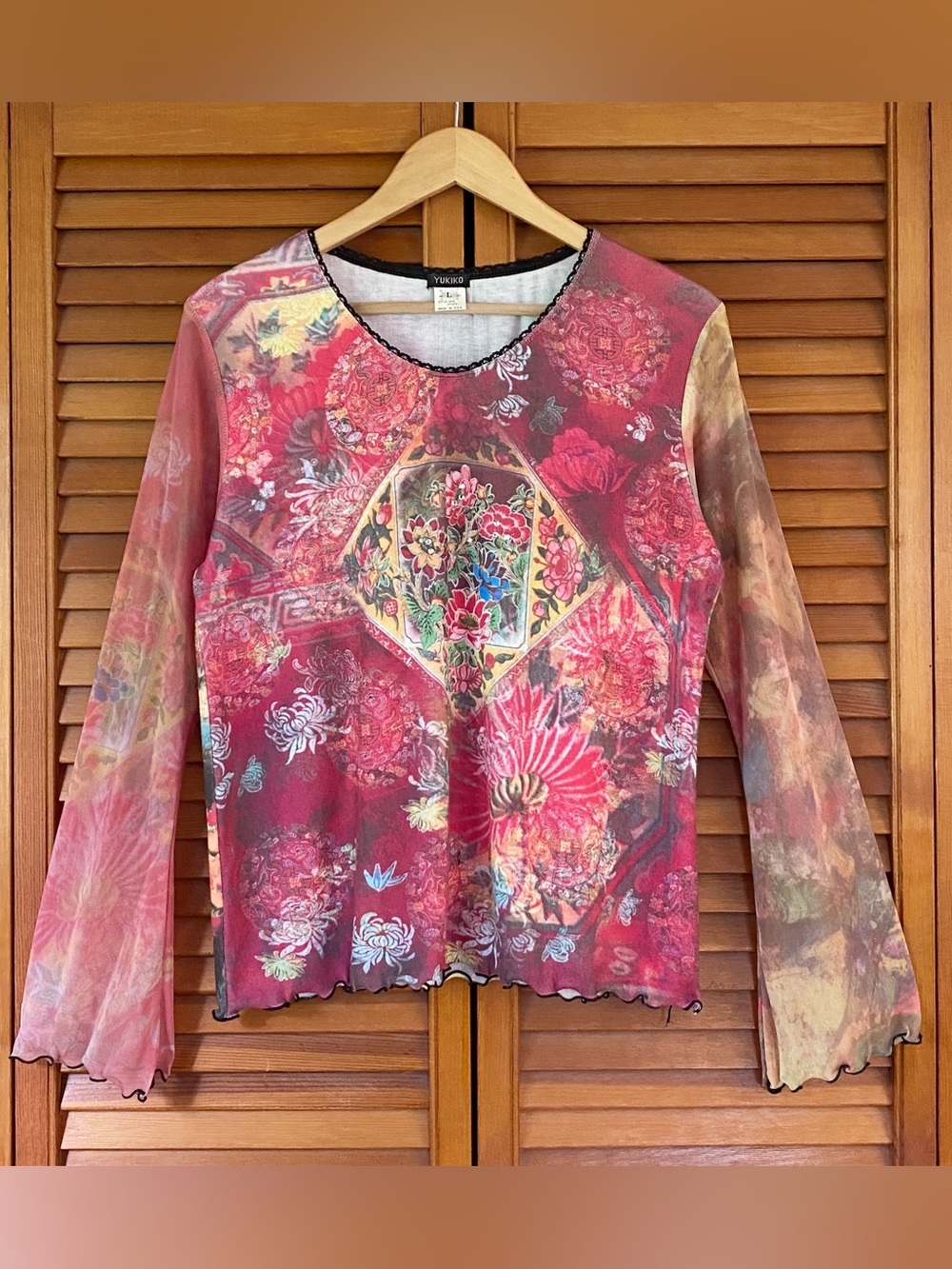 Vintage Yukiko Top Women's Size Large Y2K Sheer Mesh Bell Sleeve Rhinestones 90s